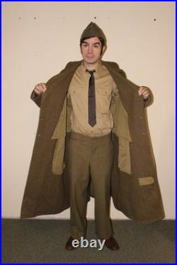 1940s US ARMY WWII WOOL OVERCOAT Lined Eagle Buttons Rank Patches SIZE 42R