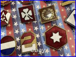 Lot of 35 WWII US Army Patch Type DI DUI Metal Insignia Division Command Etc