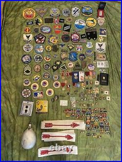 Military Junk Drawer Lot, WW2 Modern Boy Scout Medals Patches USMC Army Navy