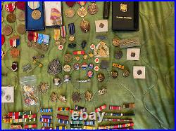 Military Junk Drawer Lot, WW2 Modern Boy Scout Medals Patches USMC Army Navy