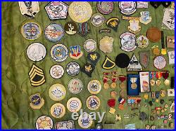 Military Junk Drawer Lot, WW2 Modern Boy Scout Medals Patches USMC Army Navy