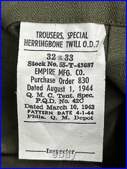 NOS US ARMY WWII WW2 Herringbone Twill Trousers 13 Star Sz 32x33 Dated 1944 OD 7
