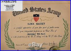 ORIG 40's ILONA MASSEY United States Army USO Tour. WWII CERTIFICATE