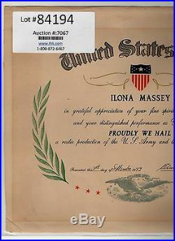 ORIG 40's ILONA MASSEY United States Army USO Tour. WWII CERTIFICATE