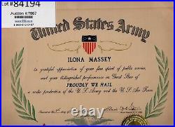 ORIGINAL 1940's ILONA MASSEY United States Army USO Tour. WWII CERTIFICATE