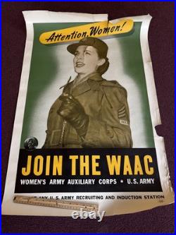 ORIGINAL 37 x 25 WWII Join the WAAC Women's Army Auxiliary Corps Poster Women