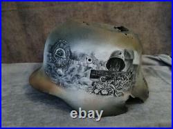 Original Damaged Germany Army WW2 M-40 Helmet, Restored, Varnished + Art on it