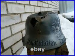 Original Damaged Germany Army WW2 M-40 Helmet, Restored, Varnished + Art on it