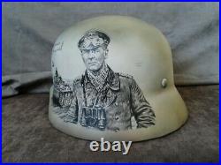 Original Germany Army WW2 M-40 Helmet, Restored, Varnished + Rommel Art on it