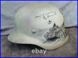 Original Germany Army WW2 M-40 Helmet, Restored, Varnished + Rommel Art on it