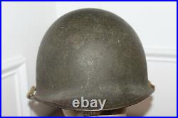 Original WW2 U. S. Army Rear Seam M1Helmet withSewn Straps & Wartime Liner