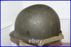 Original WW2 U. S. Army Rear Seam M1Helmet withSewn Straps & Wartime Liner