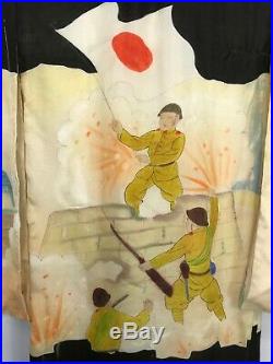 Original WWII Japanese Childs Hand Made Army Themed Commemorative Silk Kimono