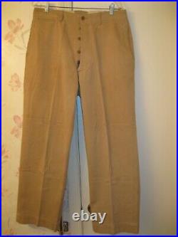 Original WWII US Army EM Khaki Trousers w Brown Plastic Buttons 35 W