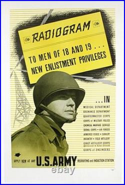Original WWII US Army Recruiting Poster Radiogram to Men of 18 and 19