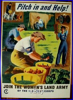 Original WWII War Poster, Pitch In And Help, Woman's Land Army, Morley, 1944
