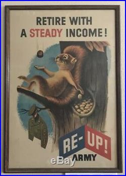 RARE Original US Army Recruiting Poster RE-UP Post-WWII Squirrel Tree Signed