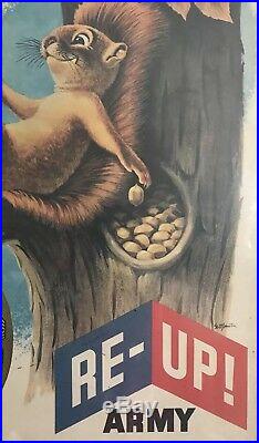 RARE Original US Army Recruiting Poster RE-UP Post-WWII Squirrel Tree Signed