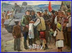 Russian Ukrainian Soviet Oil Painting army WW2 red tank meeting soldier