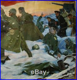 Russian Ukrainian Soviet oil painting military soldier fight army WW2 flag 1969y