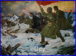 Russian Ukrainian Soviet oil painting military soldier fight army WW2 flag 1969y