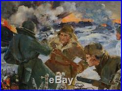 Russian Ukrainian Soviet oil painting military soldier fight army WW2 flag 1969y