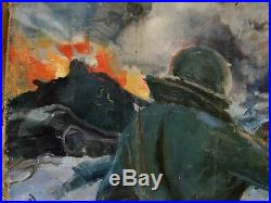 Russian Ukrainian Soviet oil painting military soldier fight army WW2 flag 1969y