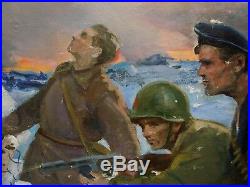 Russian Ukrainian Soviet oil painting military soldier fight army WW2 flag 1969y
