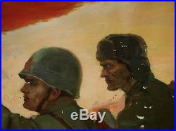 Russian Ukrainian Soviet oil painting military soldier fight army WW2 flag 1969y