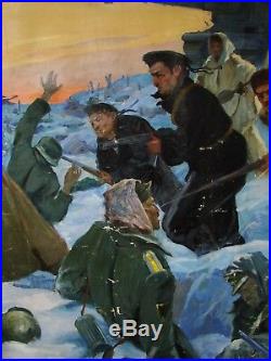 Russian Ukrainian Soviet oil painting military soldier fight army WW2 flag 1969y