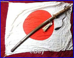 Signed WW2 Japanese Katana Army Officer Gunto Sword + Flag + Knot + paper label