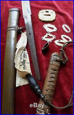 Signed WW2 Japanese Katana Army Officer Gunto Sword + Flag + Knot + paper label