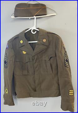 US Army WW2 ETO Wool Field Jacket 1944 with Patches & Pins Men's Size 38S with Cap