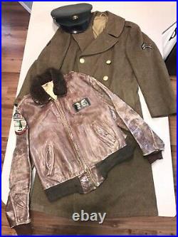 VTG WWII US Army Wool Double Breasted Overcoat Coat Leather Flying Jacket Cap