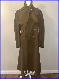Vintage 1942 WW2 US Army Enlisted Trench Coat Overcoat Heavy Wool Green With Scarf