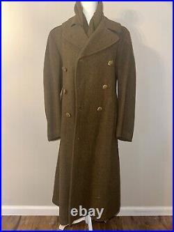 Vintage 1942 WW2 US Army Enlisted Trench Coat Overcoat Heavy Wool Green With Scarf