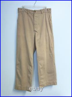 Vintage 40s WWII Button Fly Cotton Army Military Trousers Chino Khaki Distressed