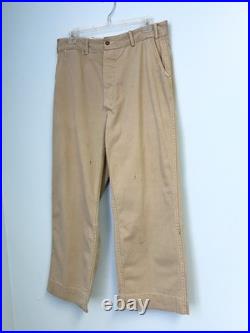 Vintage 40s WWII Button Fly Cotton Army Military Trousers Chino Khaki Distressed