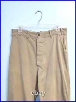 Vintage 40s WWII Button Fly Cotton Army Military Trousers Chino Khaki Distressed