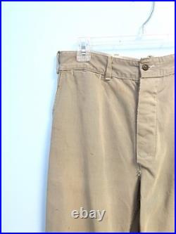 Vintage 40s WWII Button Fly Cotton Army Military Trousers Chino Khaki Distressed