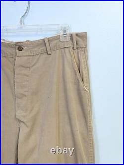 Vintage 40s WWII Button Fly Cotton Army Military Trousers Chino Khaki Distressed