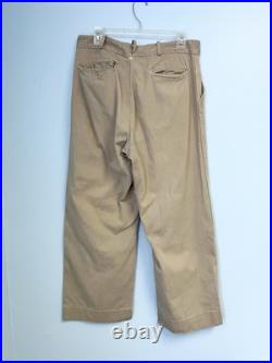 Vintage 40s WWII Button Fly Cotton Army Military Trousers Chino Khaki Distressed