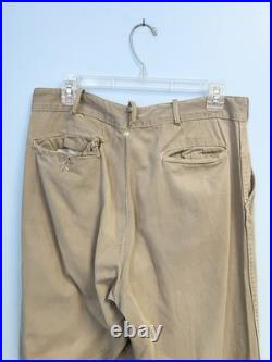 Vintage 40s WWII Button Fly Cotton Army Military Trousers Chino Khaki Distressed
