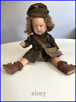 Vintage Composition Doll WWII USA Army Girl With Bag, Original Outfit 15 Rare