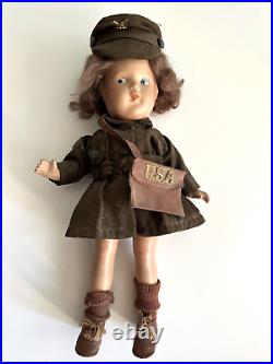 Vintage Composition Doll WWII USA Army Girl With Bag, Original Outfit 15 Rare