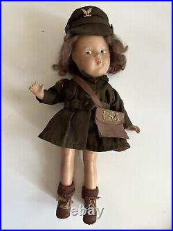 Vintage Composition Doll WWII USA Army Girl With Bag, Original Outfit 15 Rare