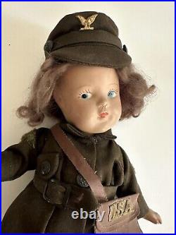 Vintage Composition Doll WWII USA Army Girl With Bag, Original Outfit 15 Rare