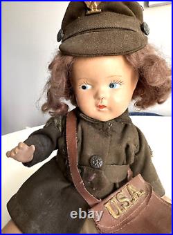 Vintage Composition Doll WWII USA Army Girl With Bag, Original Outfit 15 Rare