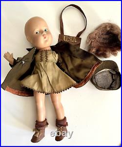 Vintage Composition Doll WWII USA Army Girl With Bag, Original Outfit 15 Rare