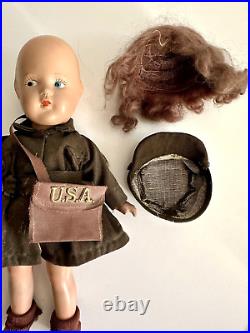 Vintage Composition Doll WWII USA Army Girl With Bag, Original Outfit 15 Rare